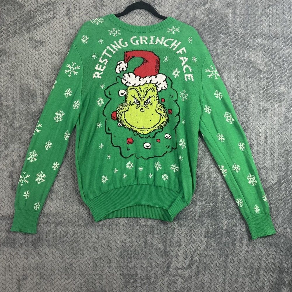 Dr. Seuss Sweater Mens Large Resting Grinch Face Green Graphic